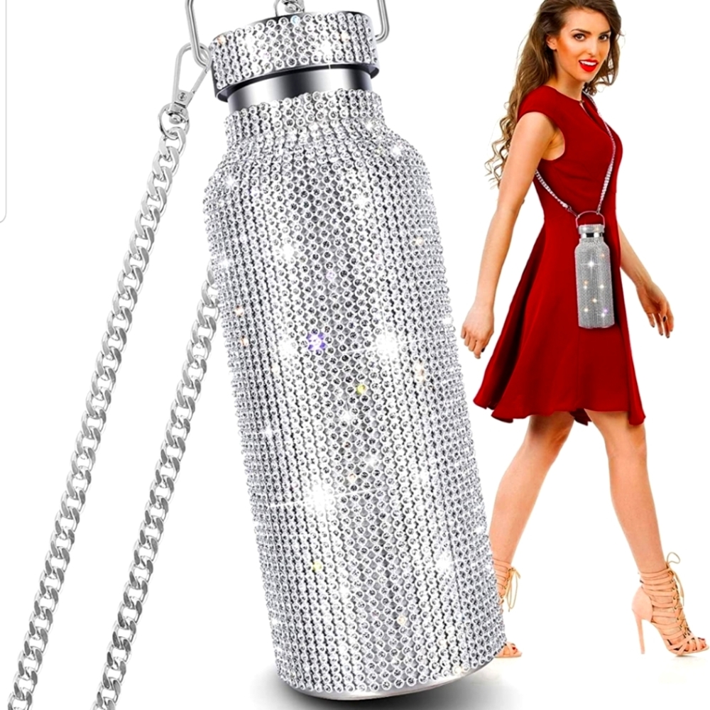 Silver Rhinestone Water Bottle Bag